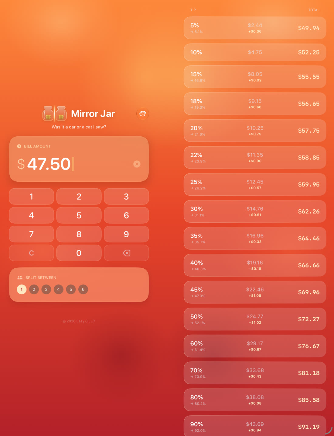 Mirror Jar on iPad with the keypad on the left page and the tip list on the right