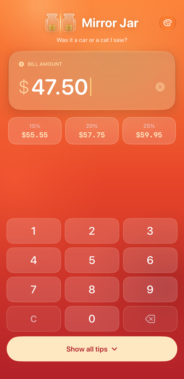 Mirror Jar in the Blood orange mood showing a $47.50 bill with palindrome totals $55.55, $57.75 and $59.95