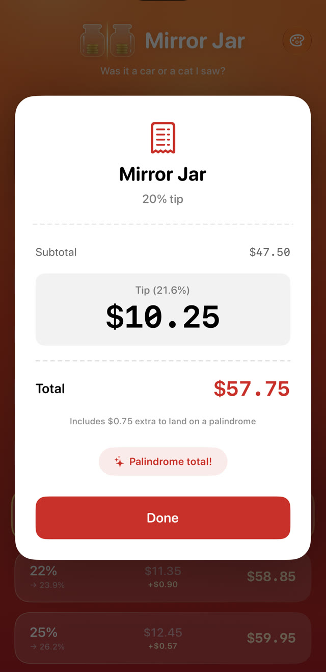 Receipt card with a $57.75 palindrome total