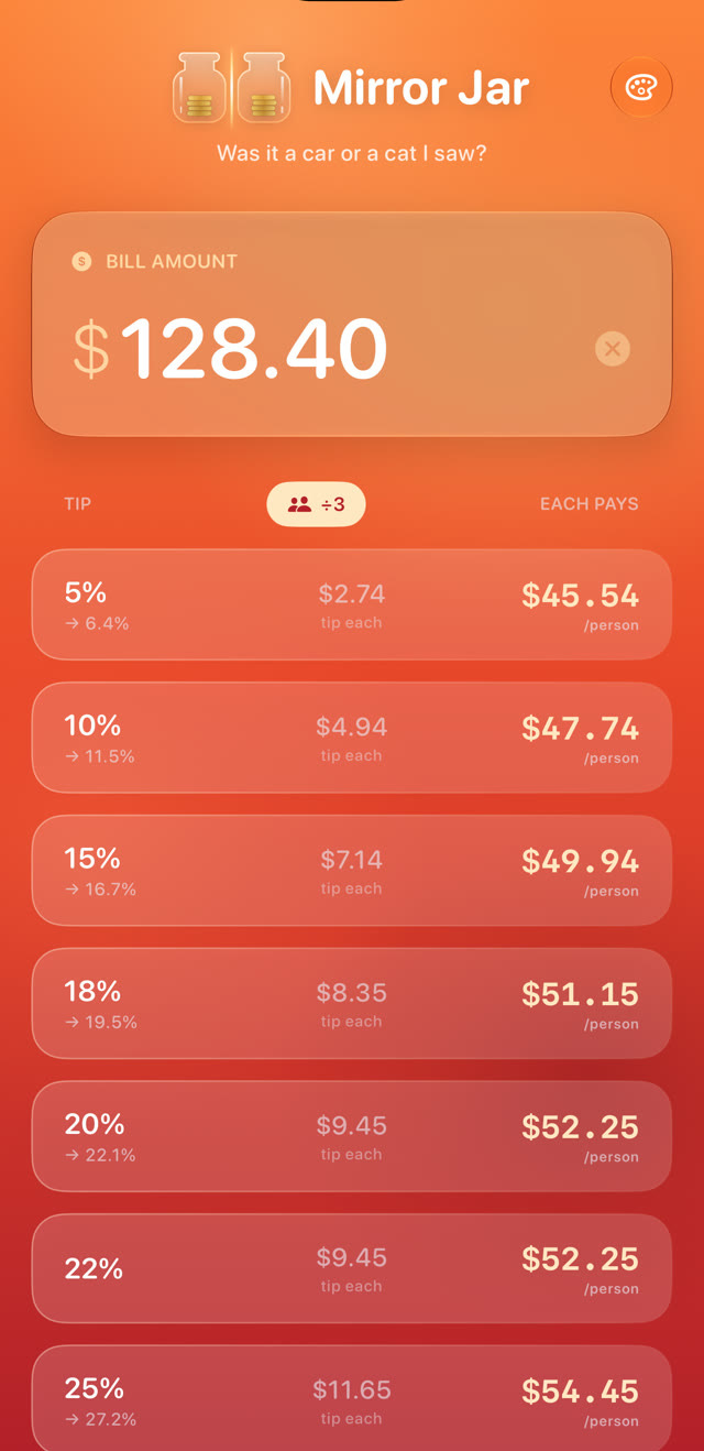 Tip list split three ways, each amount a palindrome